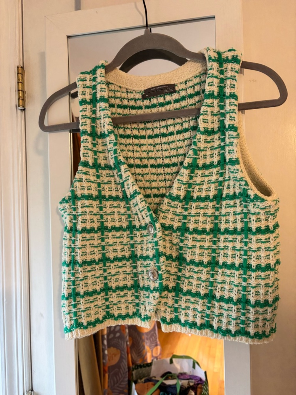 Anthropologie Green and Cream Striped Knit Vest w shimmer threading